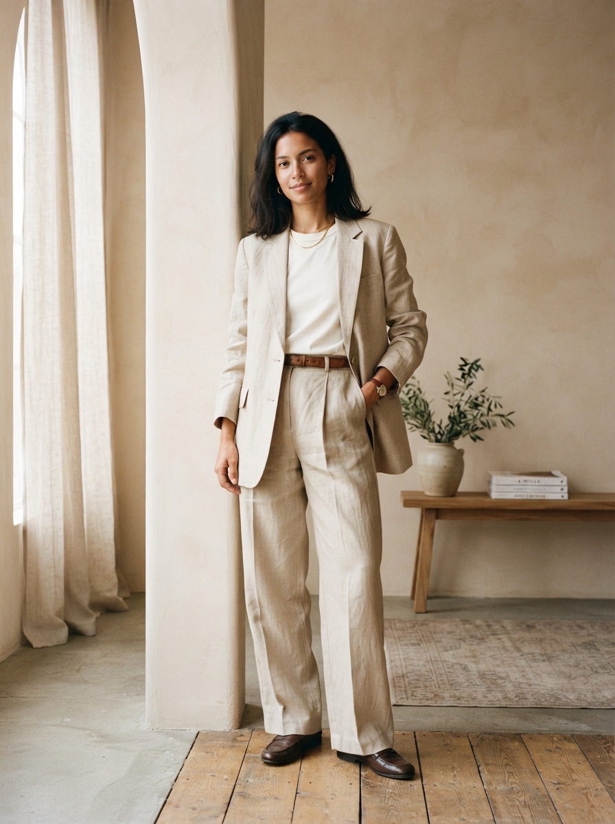 Woman in a polished neutral outfit